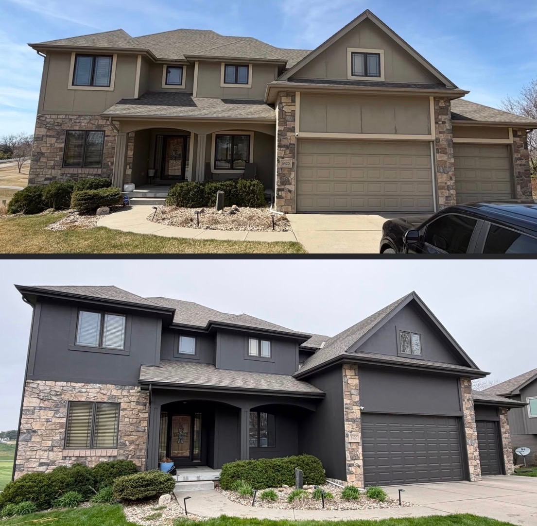 Before and after of a stone-and-siding two-story home repainted from tan to deep charcoal