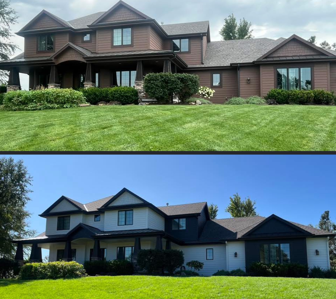 Before and after of a large home repainted from dark brown to white with black trim